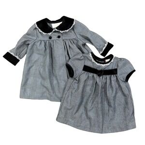 VTG Little Billy Baby Girl Plaid Dress & Coat Set 12 Mos Black White Velvet Trim